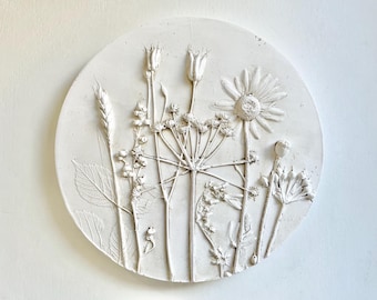 Botanical relief, plaster cast, circular cast, wild flowers, cow parsley, ox eye daisy, poppy seed head, wheat, aquilegia, birthday gift