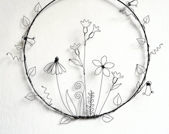 Wall art, campion, wire flowers, daisy, buttercup, fern, wild flowers, vines, wire hoop, gift, garland, botanical art, birthday present