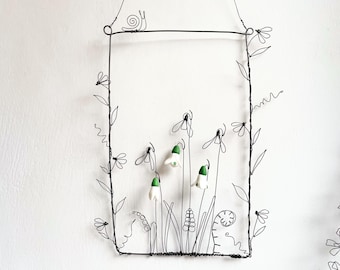 Snowdrops, clay flowers, fern, wire hanging, gift, wire flowers, wire art, spring flowers, birthday present, rustic, wedding, mum gift