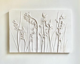 Botanical plaster relief, bluebells, lily of the valley, wild flowers, wall plaque, countryside, plaster cast, present, gift, countryside