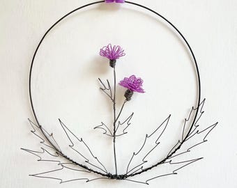 Wire Thistle Wreath, Purple Flowers, Scottish Emblem, Wire Art Hoop, Gift for Mum
