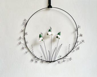 Botanical wreath, Snowdrops, wild flowers, vines, wire hoop, clay flowers, wire flowers, woodland flowers, gift, mum present, housewarming