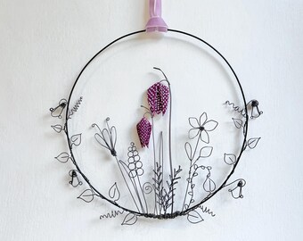 Wire art, wire flowers, clay flowers, Fritillaria, buttercup, vines, daisy, wire hoop, fritillaries, birthday, spring, gift, garland, wreath