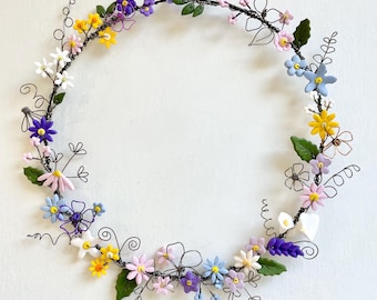 Wreath, present, flowers, clay flowers, daisies, Cala lilies, wire flowers, wire hoop, nursery, birthday, gift, new baby, mum, anniversary
