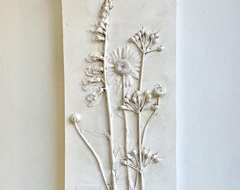 Botanical plaster cast, foxgloves, candelabra primula, wild flowers, ox eye daisies, wall plaque, countryside, present, gift, birthday