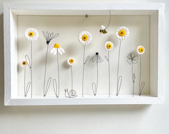 Daisy, daisies, wall art, clay flowers, wire flowers, flowers, bee, wooden frame, birthday present, wild flowers, gift, nursery art, present