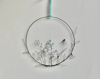 Forget me nots, wire flowers, clay flowers, buttercup, daisy, vines, wire hoop, gift, spring flowers, wire wreath, unusual gift, pale blue