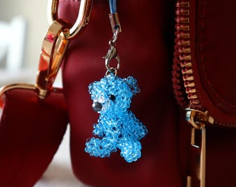 Dije para bolso con forma de osito de peluche con cuentas 3D: adorno de cuentas de vidrio azul hecho a mano, regalo de Pascua, llavero con forma de osito