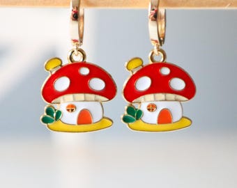 Lindos marcadores de punto de hongo para tejer y crochet, pendientes de esmalte hechos a mano, joyería sencilla de otoño, accesorios de tejido, regalo hecho a mano