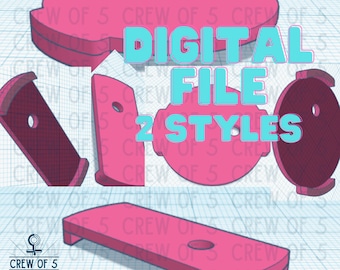 May include: Pink digital file design with the text "DIGITAL FILE 2 STYLES". The image shows various 3D model designs, including a rectangular piece, a circular piece, and other geometric shapes. The "CREW OF 5" logo is also visible.