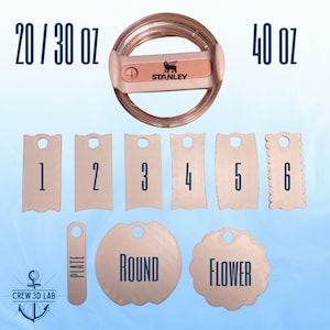 May include: Six different sized and shaped metal stencils for use with a Stanley 20/30 oz or 40 oz vacuum insulated food jar. The stencils are labeled 1 through 6. The stencils are for creating a plate, round, or flower shape on the lid of the jar. The stencils are made by Crew 3D Lab.