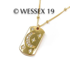 Gold Filled CZ Starry Night Pendant Necklace | Crescent Moon Pendant Necklace | Gold Filled Dog Tag Necklace | Cubic Zirconia Necklace