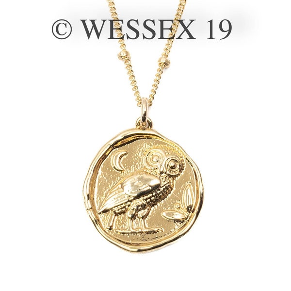 Gold Plated Owl Coin Pendant Necklace | Gold Filled Chain Necklace | Athenian Owl Coin Necklace | Ancient Roman Coin Charm Necklace