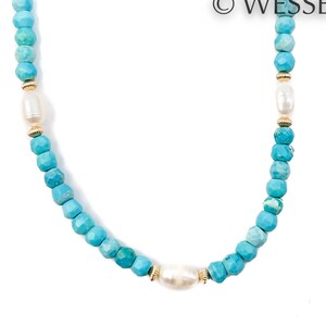 White Baroque Freshwater Pearl Necklace | Turquoise Beaded Necklace | 14k Gold Filled Bead Necklace | Nautral Pearl Choker Necklace