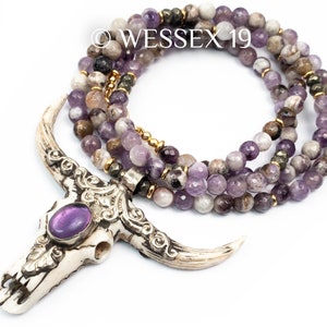 Amethyst Skull Necklace | Carved Longhorn Skull Pendant Necklace | Amethyst Beaded Necklace | Silver Repousse Pendant Necklace | Cow Skull
