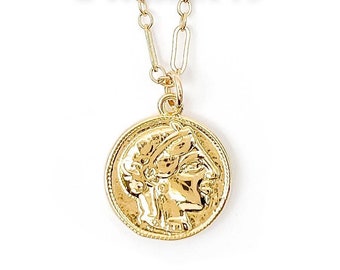 24k Gold Filled Athena Coin Pendant Necklace | 14k Gold Filled Chain Necklace | Greek Coin Necklace | Goddess Coin Necklace | Roman Coin