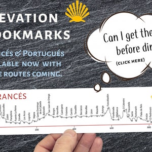 May include: A white card with a red line graph showing the elevation of the Camino de Santiago, a pilgrimage route in Spain. The card is labelled "Frances" and includes the names of towns along the route. The text "Can I get there before dinner? (CLICK HERE)" is written in a thought bubble above the card.