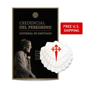 Credencial oficial del Camino + Calcomanía de concha de vieira + Tarjeta con mapa del sendero