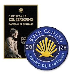 Credenziale ufficiale del Cammino + toppa commemorativa del Cammino di Santiago 2026 + carta con mappa del percorso