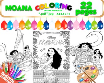 Moana Coloring 22 pages JPG PDF file 300dpi Images Digital Moana Clipart birthday Nickelodeon Coloring party Black and White pictures
