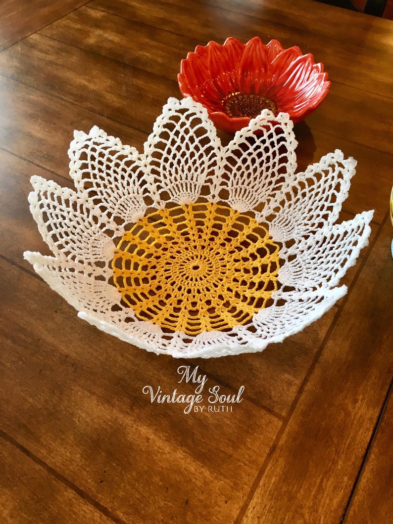Flower Bowl Daisy Doily Crochet Lace Bowl Farmhouse Etsy