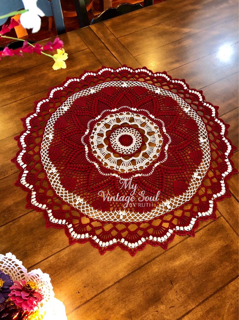 Burgundy Lace Doily Heart Doily Farmhouse Decor Pineapple Crochet Doily Wedding Gift Dining Room Decor Round Crochet Doily image 8