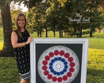 Decorative Doily - Large Framed Doily - Patriotic Doily - Framed Wall Art - Farmhouse Decor - Pineapple Crochet Doily - Handmade Doilies