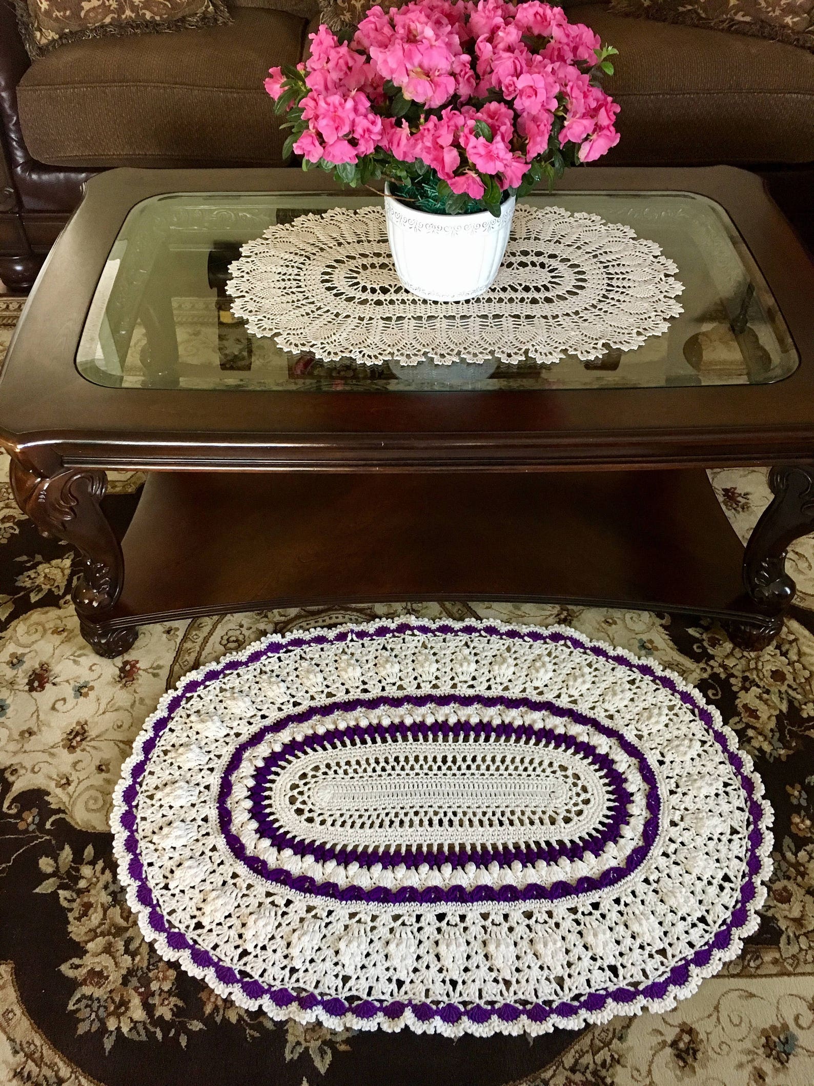 Translucent Lace Rugs Purple Ecru Doily Rug - Crochet Lace Rug - Pineapple Doily Rug - Oval ...