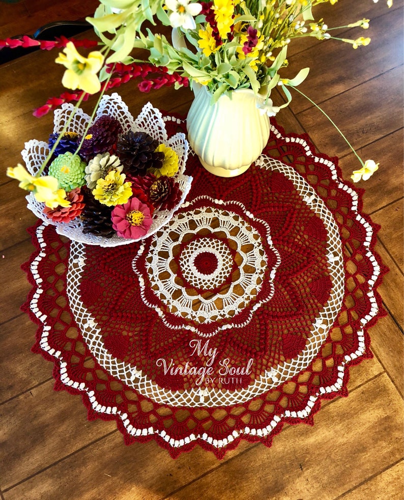 Burgundy Lace Doily Heart Doily Farmhouse Decor Pineapple Crochet Doily Wedding Gift Dining Room Decor Round Crochet Doily image 5