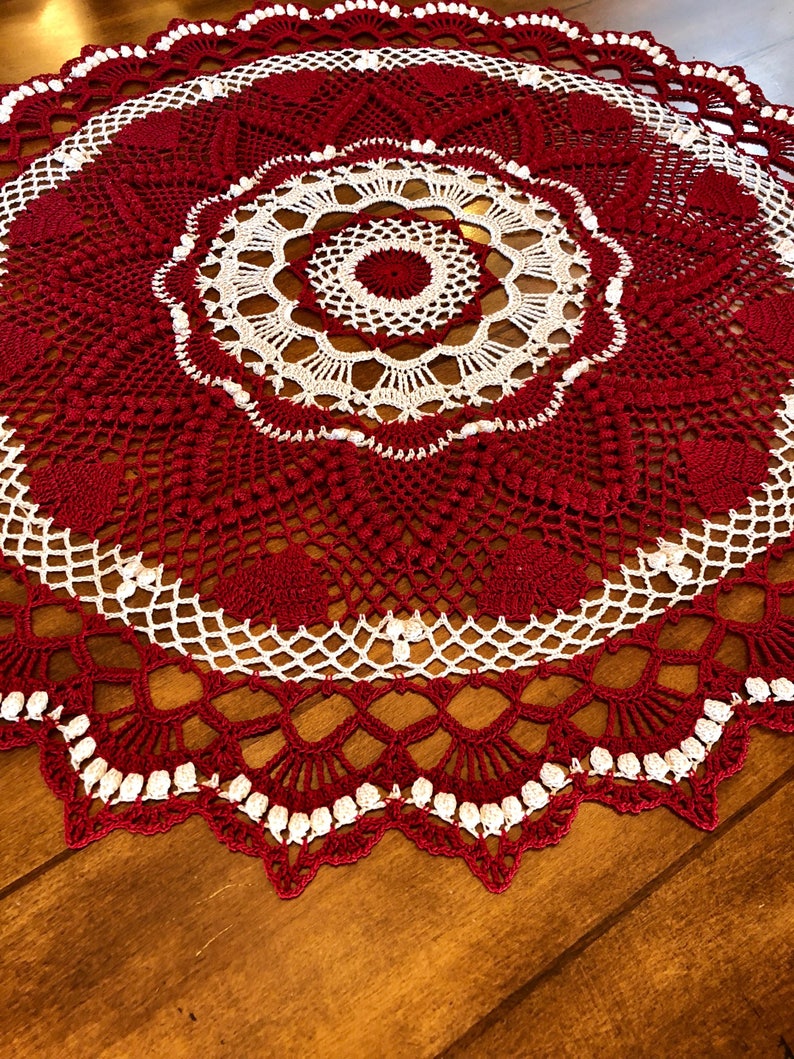 Burgundy Lace Doily Heart Doily Farmhouse Decor Pineapple Crochet Doily Wedding Gift Dining Room Decor Round Crochet Doily image 9