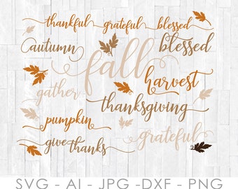 Seasonal Clipart Fall SVG Bundle, Vinyl Craft Cut Files DXF, Fall Thankful Grateful Blessed Cursive Font, Printable Decor, Saying to Print