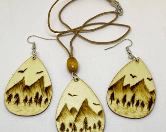 Wood Burned Mountain Tree Earring and Necklace Set