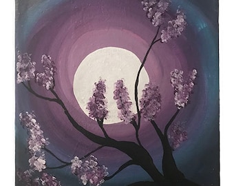 Cherry Blossom Moon Painting | Acrylic Painting | Hand-Painted | Wall Art