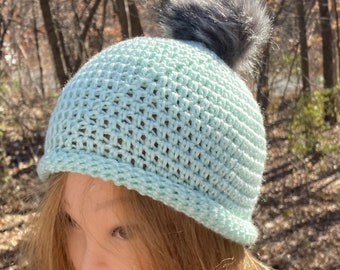 Green Crochet Beanie with Pom Pom | Crochet Beanie - Winter Hat Beanie for Women | Classic Beanies | Winter Accessory