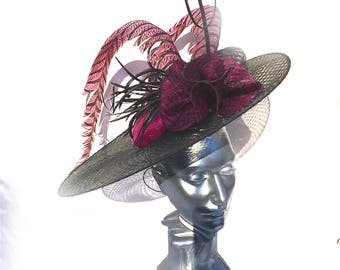 Fuchsia & Black Hat Mother of the bride hat, Feathers,  Large Hat,Large brim,Ascot Hat, Ladies Day, Wedding Hat, Wedding Guest, Sinamay Hat