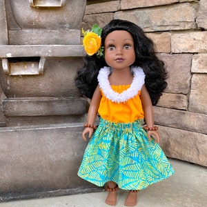 Hawaiian Doll Hula Outfit - Aqua & Yellow Banana Leaves with yellow orange top (2 pieces - Doll NOT included)