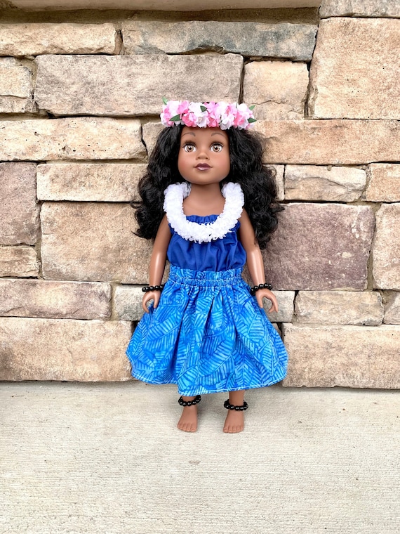 Hawaiian Doll Hula Outfit Blue Banana Leaves Batik With Blue Top