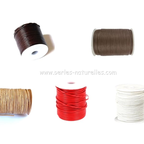 2mm - Cordon Cuir 2mm - Au choix : Noir, Brun, Naturel, Rouge, Blanc - 1m/10m/50m/100m