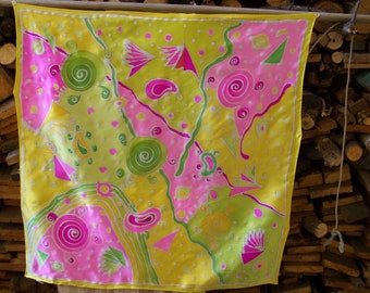 Foulard en soie, 90 x 90 cm, motif, jaune, rose, vert, peinture abstraite sur crêpe satin de soie, fait main