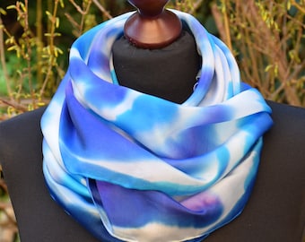 Square handpainted Silkscarf in shades of white, turquoise and blue, size: ca. 35"x35'', unique scarf, multicolored silkscarf