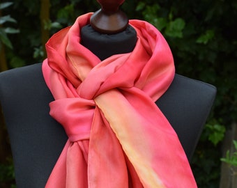 Long handpainted Silkscarf in shades of red, unique scarf, size: ≈ 18"x 71"