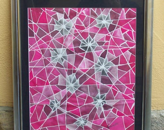 Silkpainting, pink, purple and grey, "Broken Glass"