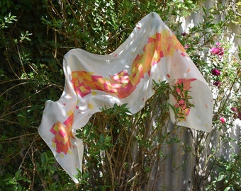 silkscarf, white, yellow, orange, red with abstract pattern for her