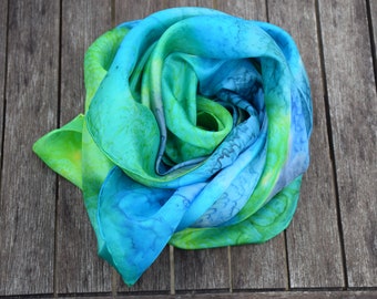 Foulard carré en soie, nuances de bleu, vert, 90 x 90 cm