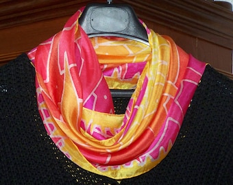 Silkscarf, star pattern, yellow, orange, pink, purple, square, handpainted, unique