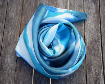 Foulard carré en soie turquoise, gris bleu, blanc