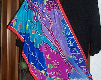 Silkscarf, green, red, purple, blue and turquoise with pattern