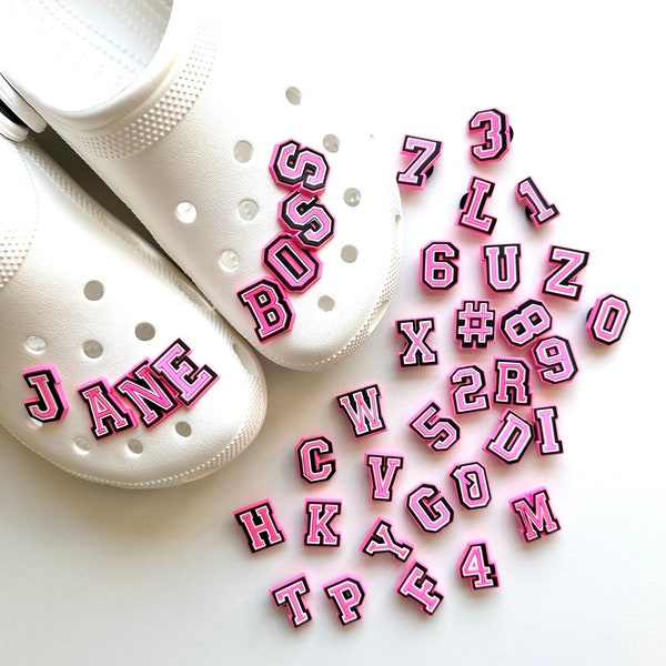 Pink Letters | Letters and Numbers Charm | Letters Clog Charms | Pink and White Letters Shoe Charm | Collegiate Font Letters Charm