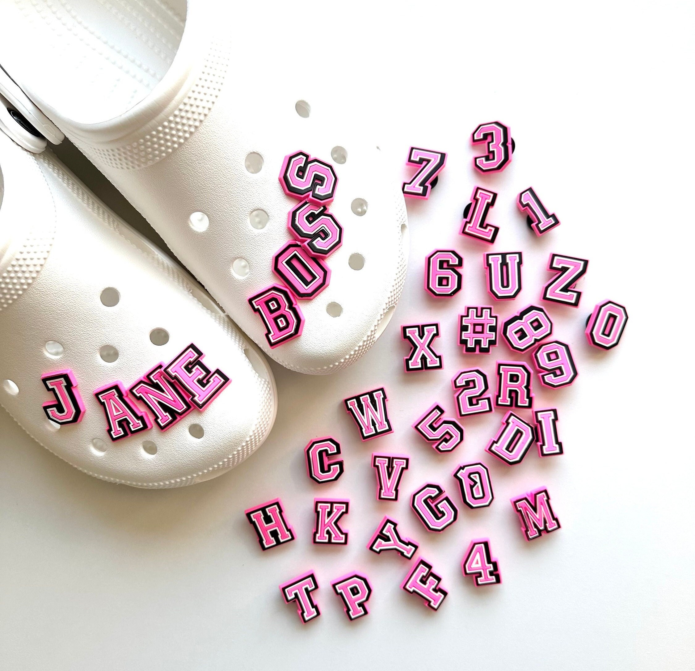 Pink Letters | Letters and Numbers Charm | Letters Clog Charms | Pink and White Letters Shoe Charm | Collegiate Font Letters Charm