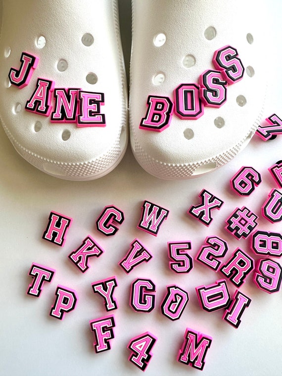 Pink Letters | Letters and Numbers Charm | Letters Clog Charms | Pink and White Letters Shoe Charm | Collegiate Font Letters Charm